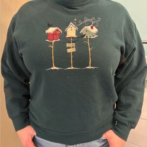 Elegant Forest Green Sweatshirt with Birdhouse Embroidery